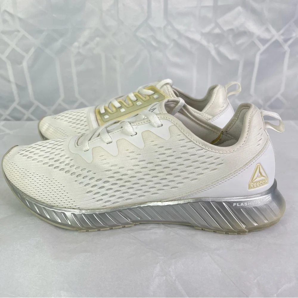 Reebok Flashfilm White & Silver Metallic Running Training Shoes Size 10